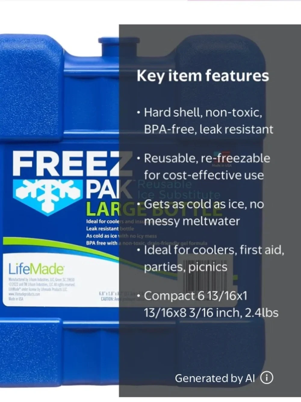 Freez Pak Large Reusable Ice Pack with Hard Shell, 2.4lbs Blue.